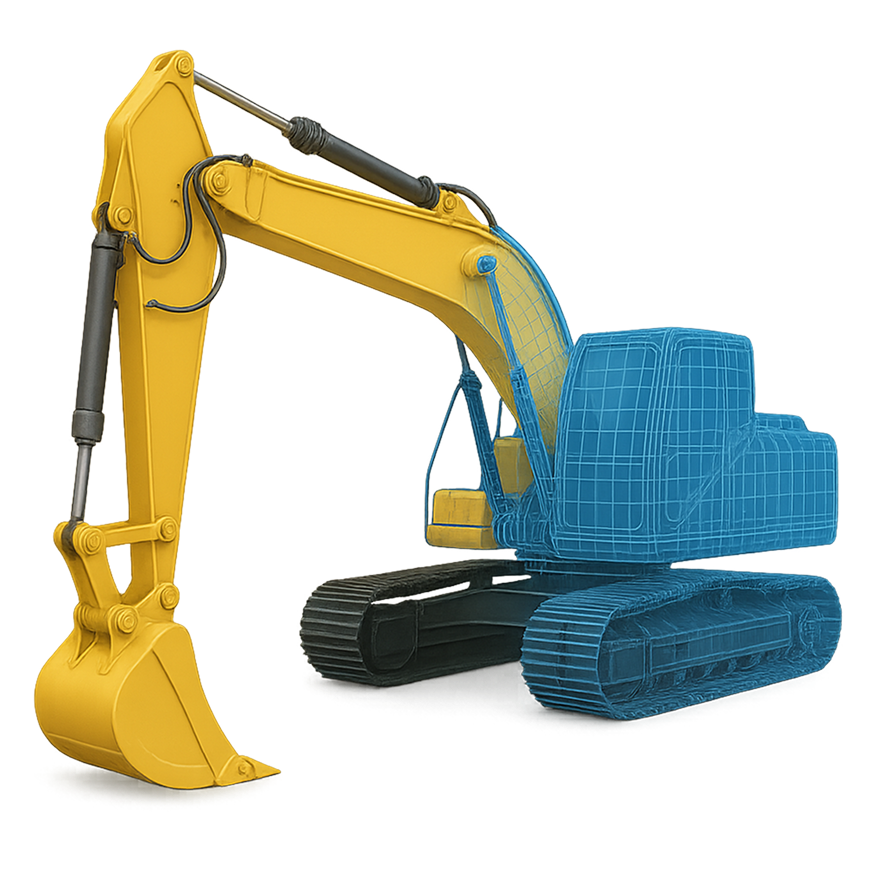 CAD wireframe to CGI rendered excavator